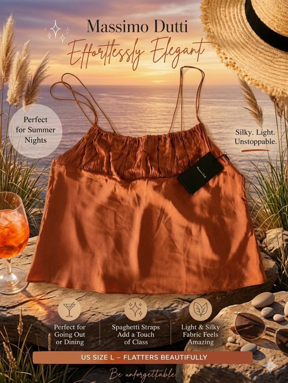 Massimo Dutti Satin Spaghetti Strap Cami - Rust Brown